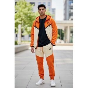 Nike Tech Fleece Full Zip Hooded Tracksuit Set Orange Cream Mens M